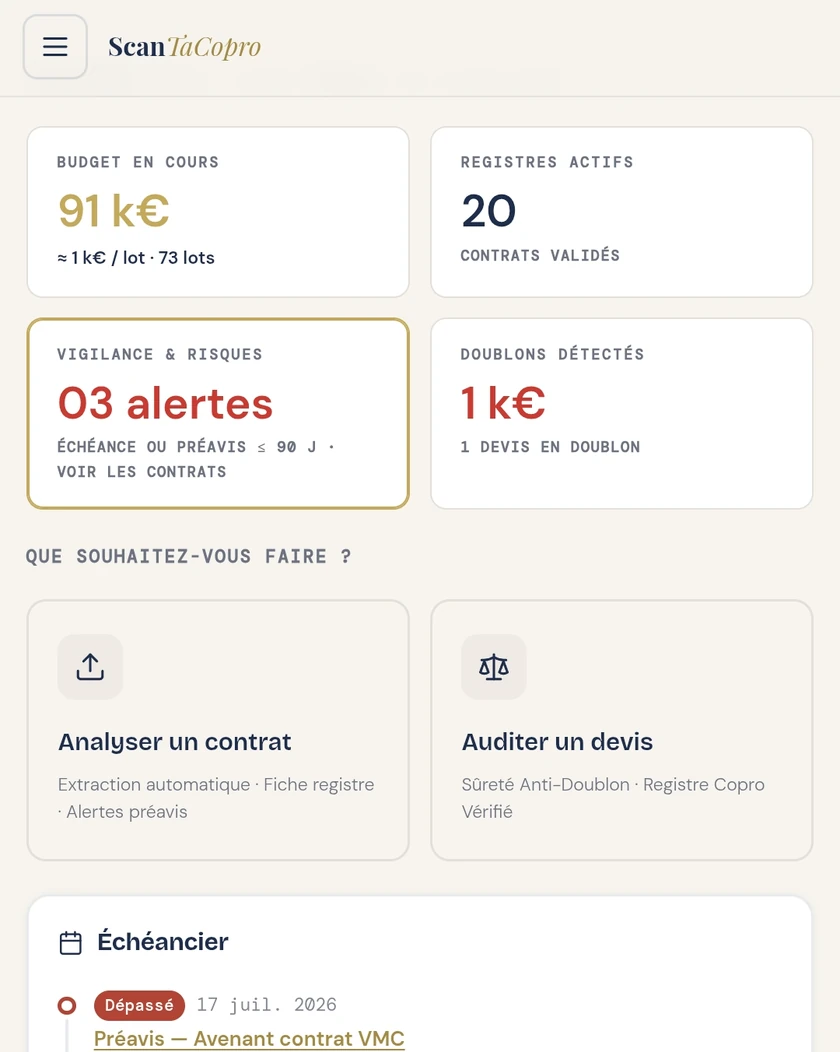 Écran d'accueil du dossier ScanTaCopro : budget en cours, contrats validés, alertes de vigilance et échéancier des préavis.